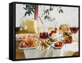 A Table Laid with Antipasti and Red Wine-Ulrike Koeb-Framed Stretched Canvas
