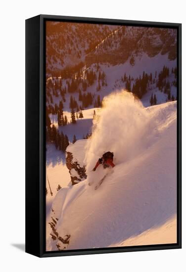 A Talented Skier Skies Down the Mountain at Alta Backcountry, Utah-Adam Barker-Framed Stretched Canvas