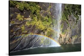 A Tall Waterfall Drops Off a Steep Cliff into Waters, Milford Sound on South Island, New Zealand-Paul Dymond-Stretched Canvas