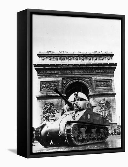 A Tank of the French Armored Division Passes by the Arc De Triomphe-null-Framed Stretched Canvas