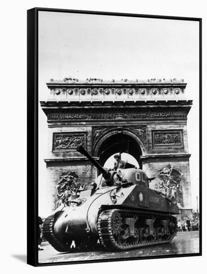 A Tank of the French Armored Division Passes by the Arc De Triomphe-null-Framed Stretched Canvas