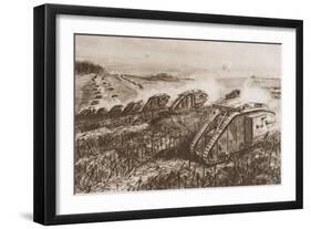 A Tank Offensive at Cambrai, France, Illustration from 'The Outline of History' by H.G. Wells,…-English School-Framed Giclee Print