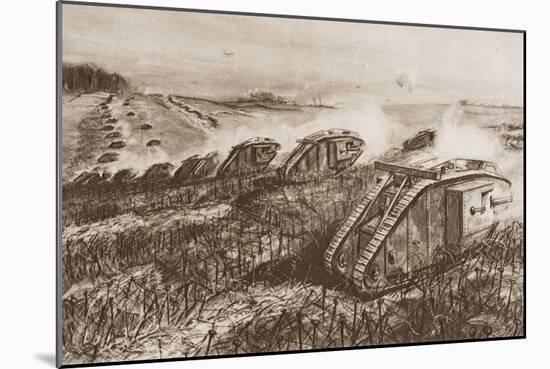 A Tank Offensive at Cambrai, France, Illustration from 'The Outline of History' by H.G. Wells,…-English School-Mounted Giclee Print