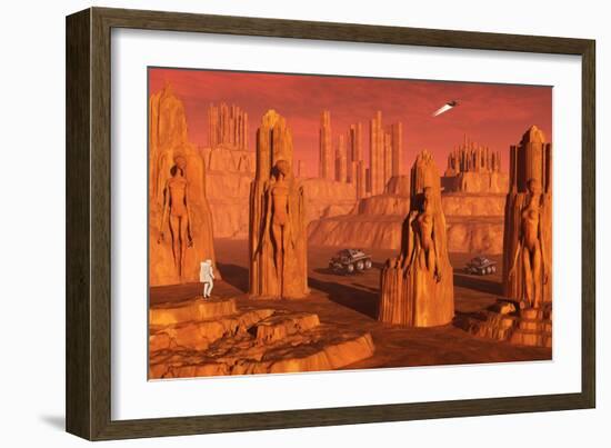 A Team of Explorers from Earth Exploring Mars Ancient Monuments-null-Framed Art Print