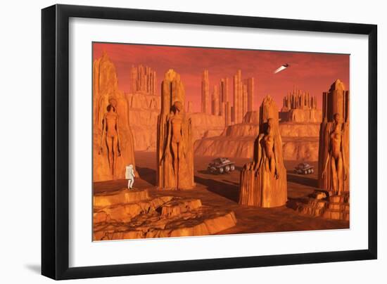 A Team of Explorers from Earth Exploring Mars Ancient Monuments-null-Framed Art Print