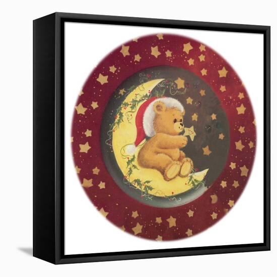 A Teddy Bear Wearing a Christmas Hat, Sitting on a Moon Star All Around-Beverly Johnston-Framed Stretched Canvas