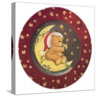 A Teddy Bear Wearing a Christmas Hat, Sitting on a Moon Star All Around-Beverly Johnston-Stretched Canvas