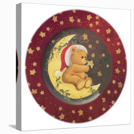 A Teddy Bear Wearing a Christmas Hat, Sitting on a Moon Star All Around-Beverly Johnston-Stretched Canvas