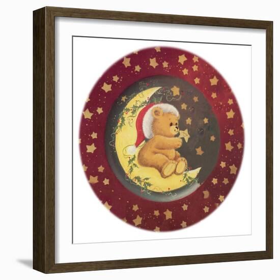 A Teddy Bear Wearing a Christmas Hat, Sitting on a Moon Star All Around-Beverly Johnston-Framed Giclee Print