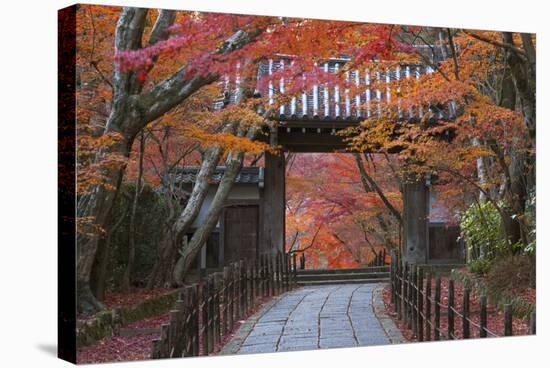 A Telephoto View Shows a Traditional Wooden Gate Roofed with Kawara Ceramic Tiles at Komyo-Ji-Ben Simmons-Stretched Canvas