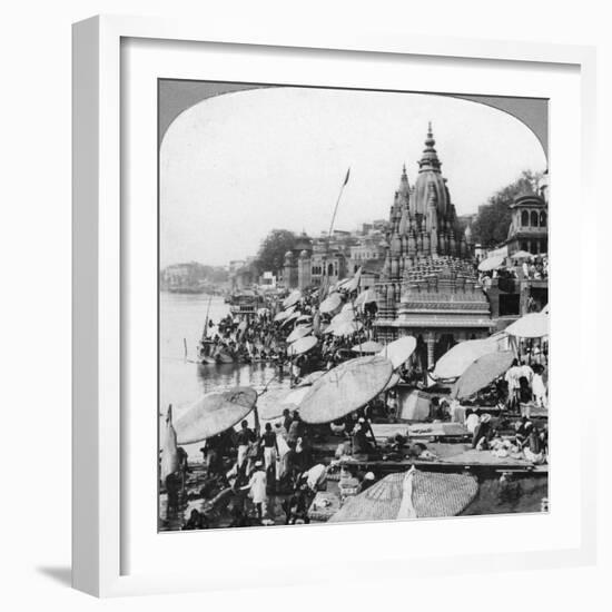 A Temple and Ghats on the Ganges at Benares (Varanas), India, 1900s-null-Framed Giclee Print