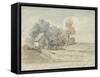 A Thatched Cottage and Trees at the Turn of a Country Road (Pen and W/C on Paper)-James Ward-Framed Stretched Canvas