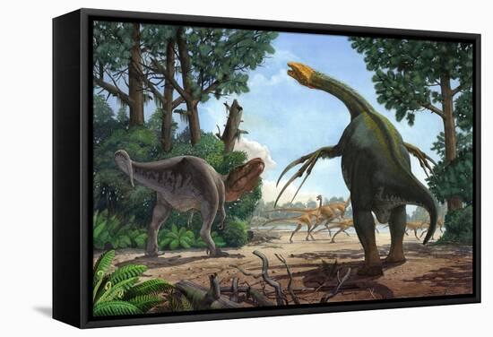 A Therizinosaurus Prevents a Young Tarbosaurus in His Hunt for Gallimimus-null-Framed Stretched Canvas