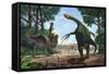 A Therizinosaurus Prevents a Young Tarbosaurus in His Hunt for Gallimimus-null-Framed Stretched Canvas