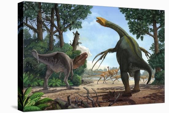 A Therizinosaurus Prevents a Young Tarbosaurus in His Hunt for Gallimimus-null-Stretched Canvas