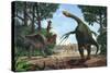 A Therizinosaurus Prevents a Young Tarbosaurus in His Hunt for Gallimimus-null-Stretched Canvas