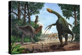 A Therizinosaurus Prevents a Young Tarbosaurus in His Hunt for Gallimimus-null-Stretched Canvas