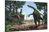 A Therizinosaurus Prevents a Young Tarbosaurus in His Hunt for Gallimimus-null-Stretched Canvas