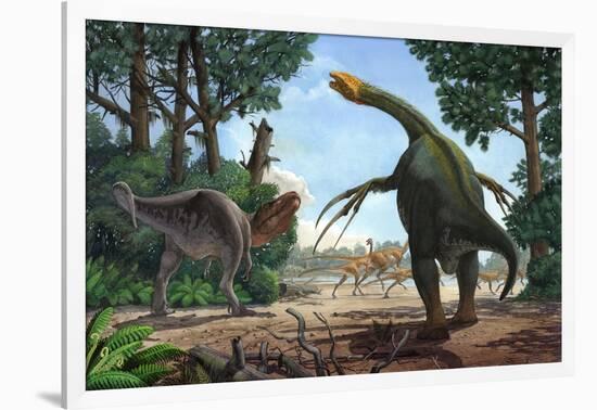 A Therizinosaurus Prevents a Young Tarbosaurus in His Hunt for Gallimimus-null-Framed Art Print