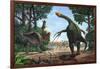 A Therizinosaurus Prevents a Young Tarbosaurus in His Hunt for Gallimimus-null-Framed Art Print