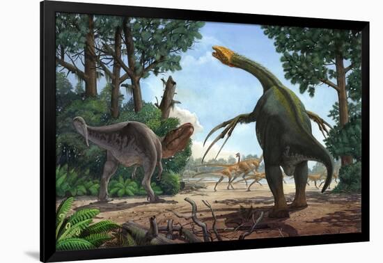 A Therizinosaurus Prevents a Young Tarbosaurus in His Hunt for Gallimimus-null-Framed Art Print