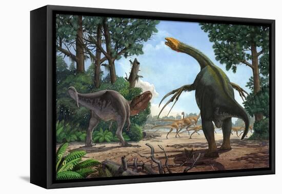 A Therizinosaurus Prevents a Young Tarbosaurus in His Hunt for Gallimimus-null-Framed Stretched Canvas