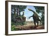 A Therizinosaurus Prevents a Young Tarbosaurus in His Hunt for Gallimimus-null-Framed Premium Giclee Print