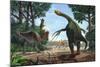 A Therizinosaurus Prevents a Young Tarbosaurus in His Hunt for Gallimimus-null-Mounted Premium Giclee Print