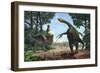 A Therizinosaurus Prevents a Young Tarbosaurus in His Hunt for Gallimimus-null-Framed Art Print