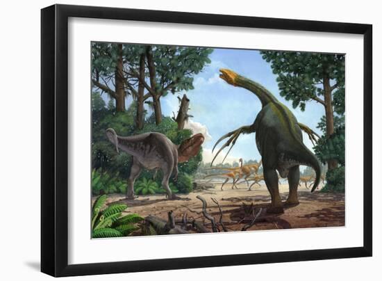 A Therizinosaurus Prevents a Young Tarbosaurus in His Hunt for Gallimimus-null-Framed Art Print