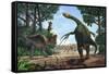 A Therizinosaurus Prevents a Young Tarbosaurus in His Hunt for Gallimimus-null-Framed Stretched Canvas