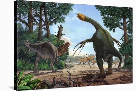 A Therizinosaurus Prevents a Young Tarbosaurus in His Hunt for Gallimimus-null-Stretched Canvas