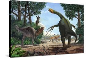 A Therizinosaurus Prevents a Young Tarbosaurus in His Hunt for Gallimimus-null-Stretched Canvas