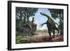 A Therizinosaurus Prevents a Young Tarbosaurus in His Hunt for Gallimimus-null-Framed Art Print