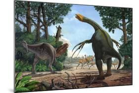 A Therizinosaurus Prevents a Young Tarbosaurus in His Hunt for Gallimimus-null-Mounted Art Print