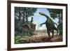 A Therizinosaurus Prevents a Young Tarbosaurus in His Hunt for Gallimimus-null-Framed Art Print