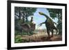 A Therizinosaurus Prevents a Young Tarbosaurus in His Hunt for Gallimimus-null-Framed Art Print