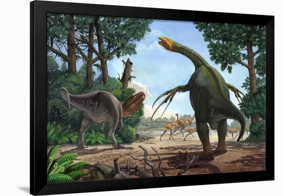 A Therizinosaurus Prevents a Young Tarbosaurus in His Hunt for Gallimimus-null-Framed Art Print