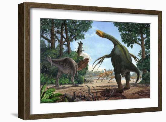 A Therizinosaurus Prevents a Young Tarbosaurus in His Hunt for Gallimimus-null-Framed Premium Giclee Print