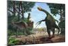 A Therizinosaurus Prevents a Young Tarbosaurus in His Hunt for Gallimimus-null-Mounted Premium Giclee Print