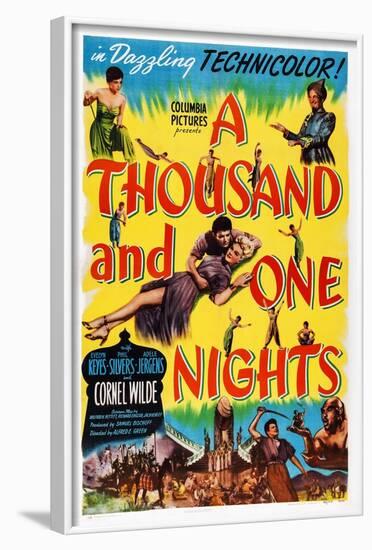 A Thousand and One Nights, Center: Cornel Wilde, Adele Jergens, Top Right: Phil Silvers, 1945-null-Framed Art Print