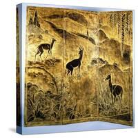 A Three-Fold Lacquer Screen, Depicting Deer in a Landscape of Hills-Jean Dunand-Stretched Canvas