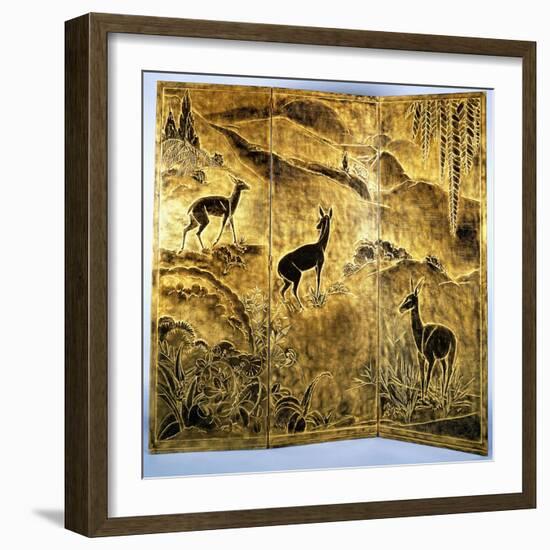 A Three-Fold Lacquer Screen, Depicting Deer in a Landscape of Hills-Jean Dunand-Framed Giclee Print