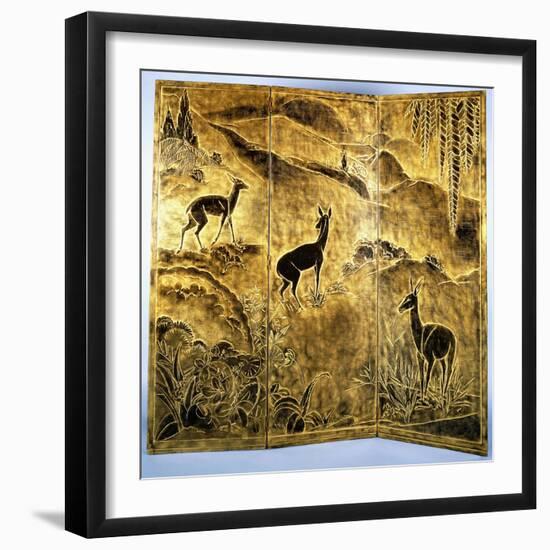 A Three-Fold Lacquer Screen, Depicting Deer in a Landscape of Hills-Jean Dunand-Framed Giclee Print