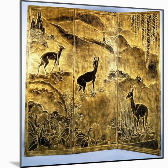 A Three-Fold Lacquer Screen, Depicting Deer in a Landscape of Hills-Jean Dunand-Mounted Giclee Print