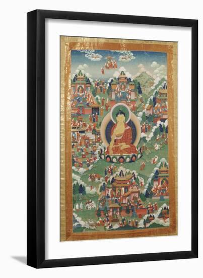 A Tibetan Thang.ka, Buddha Shakyamuni Surrounded by Many Scenes from His Previous Lives, 18th C-null-Framed Giclee Print