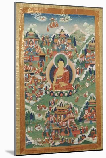 A Tibetan Thang.ka, Buddha Shakyamuni Surrounded by Many Scenes from His Previous Lives, 18th C-null-Mounted Giclee Print