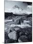 A Toned B&W Image of River Coupalls with Snow Capped Peak of Buachaille Etive Mor in Distance-Stephen Taylor-Mounted Photographic Print