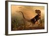 A Torvosaurus on the Prowl While a Group of Ornitholestes Flee a Hasty Retreat-null-Framed Art Print
