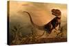 A Torvosaurus on the Prowl While a Group of Ornitholestes Flee a Hasty Retreat-null-Stretched Canvas